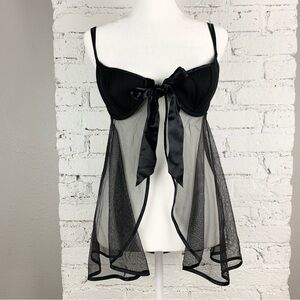Y2K Victorias Secret Babydoll Cami Black Front Tie Padded Negligee Teddy Dress M